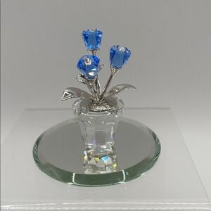 Swarovski Crystal Forget Me Nots Blue Flowers In Vase With Mirror Base